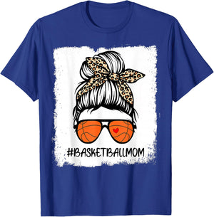 Bleached Basketball Mom Life Leopard Messy Bun Game Day T-Shirt - T-Shirt | Royal