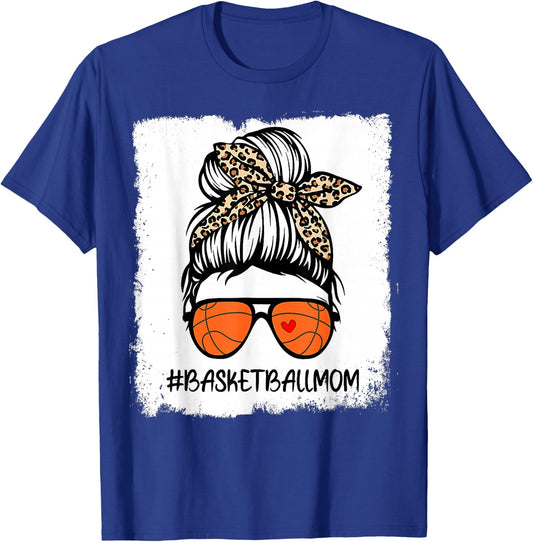 Bleached Basketball Mom Life Leopard Messy Bun Game Day T-Shirt - T-Shirt | Royal