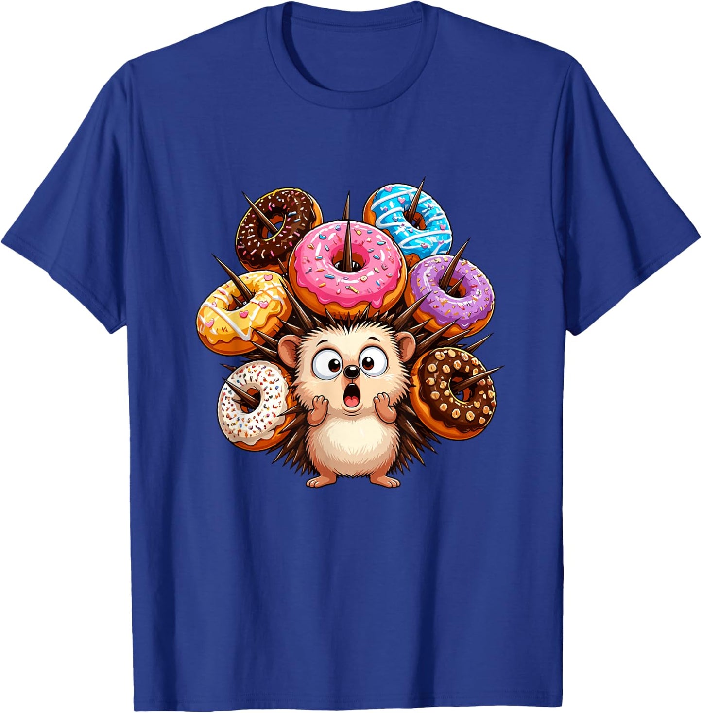 Adorable Hedgehog Surrounded By Colorful Donuts T-Shirt - T-Shirt | Royal