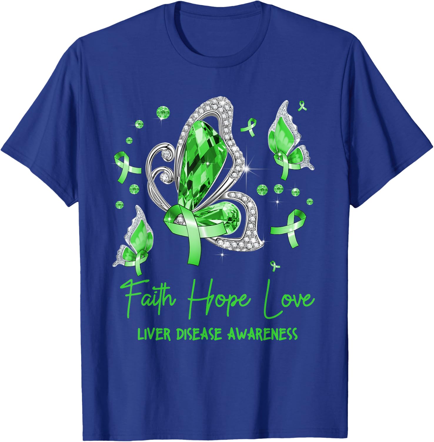 Faith Hope Love Butterfly Green Liver Disease Awareness T-Shirt - T-Shirt | Royal