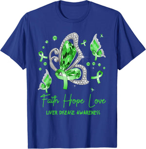 Faith Hope Love Butterfly Green Liver Disease Awareness T-Shirt - T-Shirt | Royal