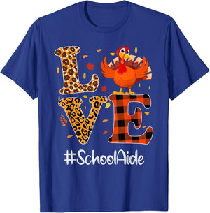 School Aide Love Thanksgiving Leopard Turkey Autumn Fall T-Shirt - T-Shirt | Royal
