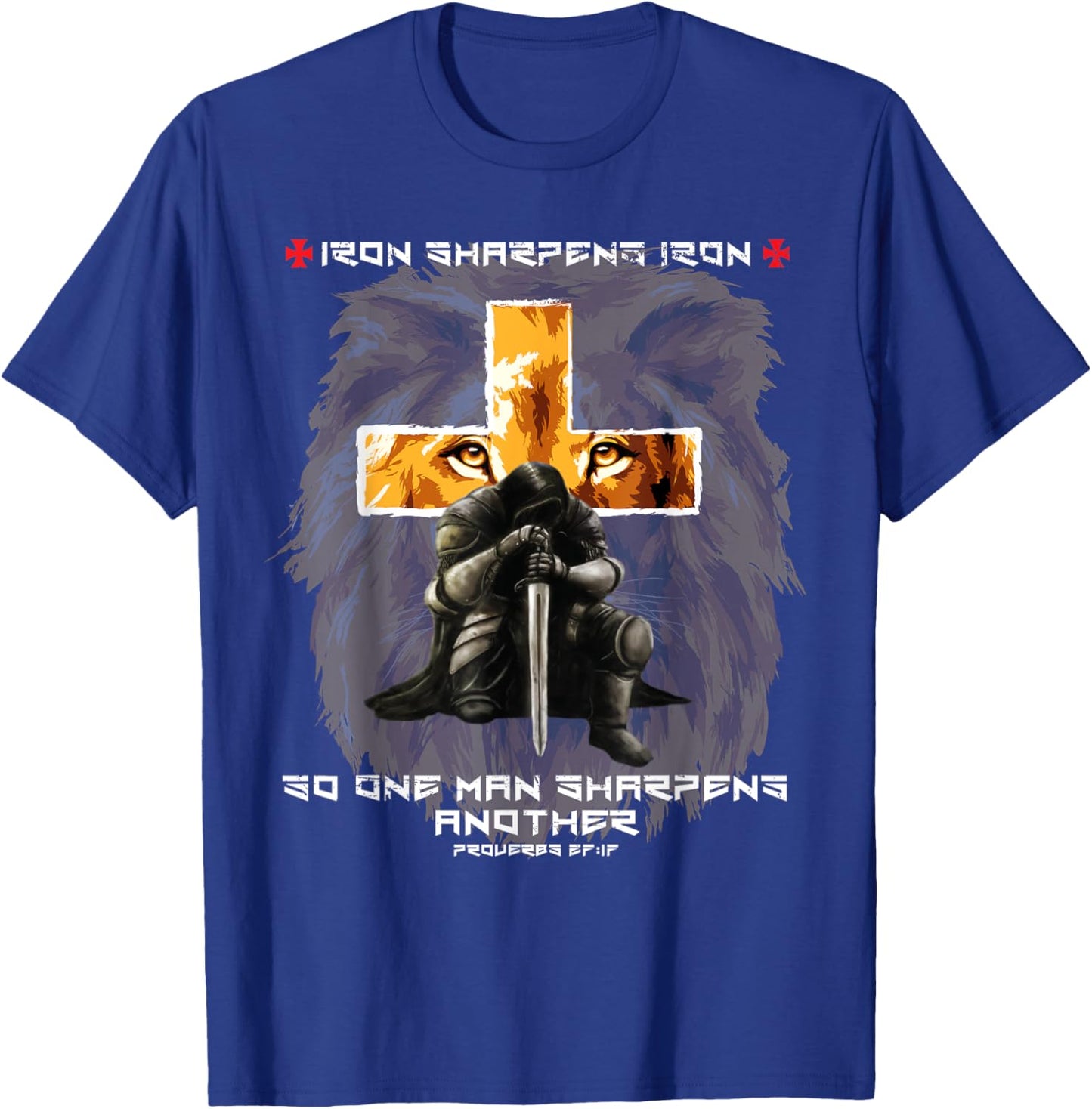 Iron Sharpens Iron Christian Scripture Crosses Lion Graphic T-Shirt - T-Shirt | Royal