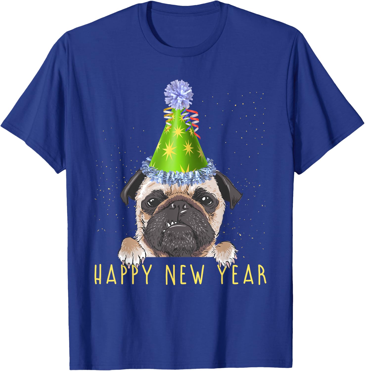 Happy New Year 2023 Funny New Year's Eve Pug Party Hat NYE T-Shirt - T-Shirt | Royal