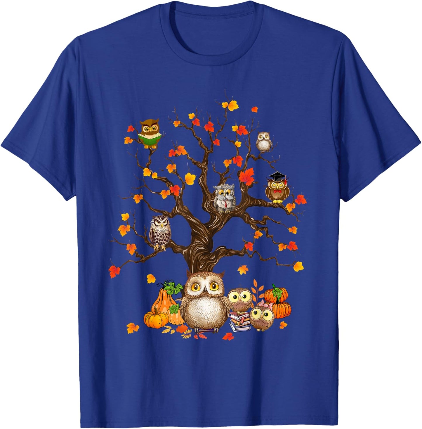 Owls Leaves Tree Fall Autumn Pumpkin Halloween Owl Lover Kid T-Shirt - T-Shirt | Royal