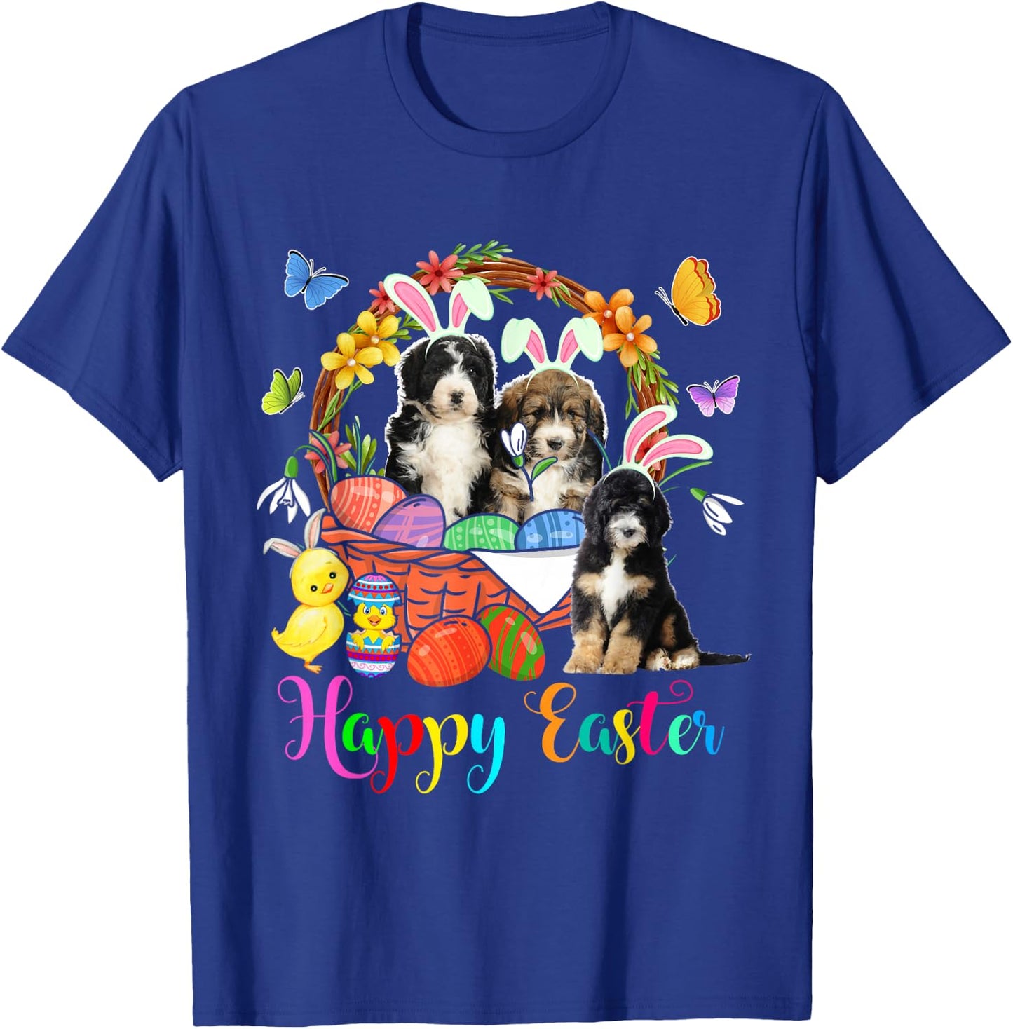 Three Bunny Bernedoodle Dogs In Easter Eggs Basket T-Shirt - T-Shirt | Royal