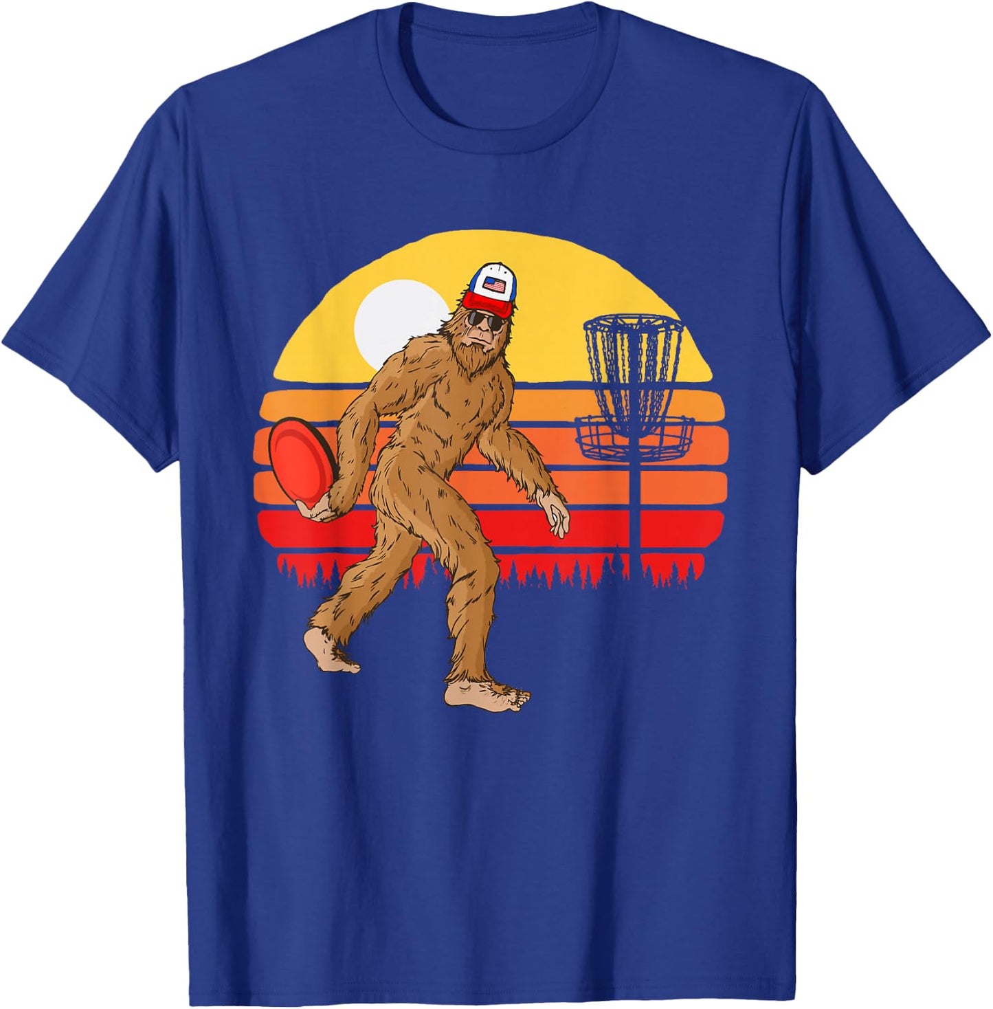 Retro Disc Golf Bigfoot Vintage Discus Sasquatch 80s Sunset T-Shirt - T-Shirt | Royal