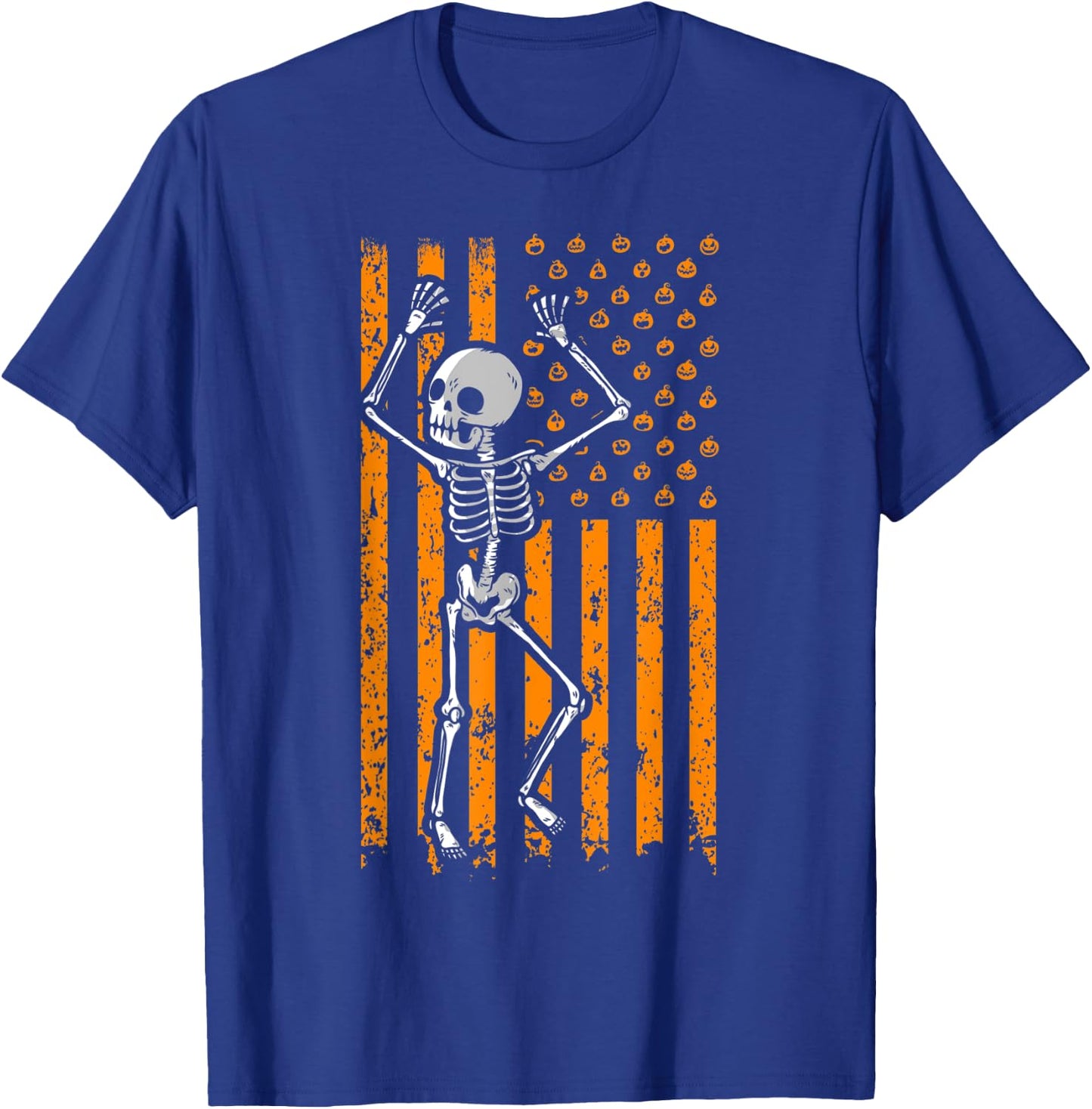Scary Skeleton Skull Pumpkin American Flag Halloween Kids Men T-Shirt - T-Shirt | Royal