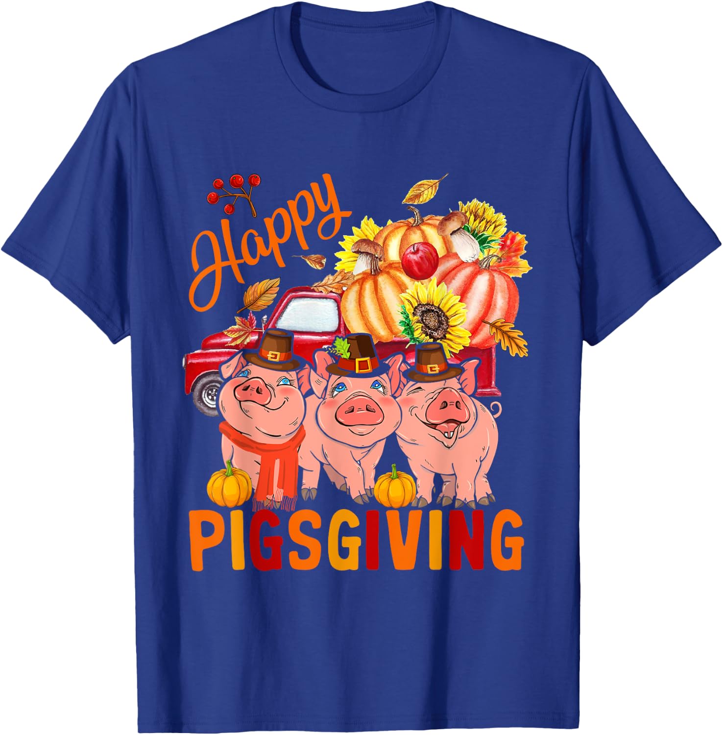Happy Pigsgiving Three Pigs Pickup Truck Carrying Pumpkins T-Shirt - T-Shirt | Royal