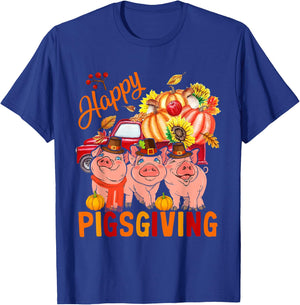 Happy Pigsgiving Three Pigs Pickup Truck Carrying Pumpkins T-Shirt - T-Shirt | Royal