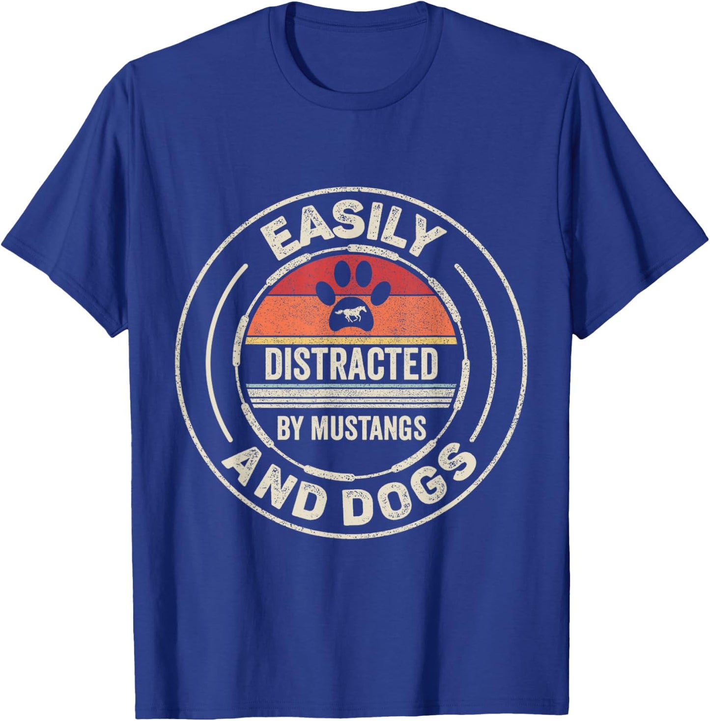 Catch Some Rays Retro Vintage Easily Distracted By Mustangs And Dogs Adult Black Short Sleeve Classic Fit Collarless T-Shirt - T-Shirt | Royal