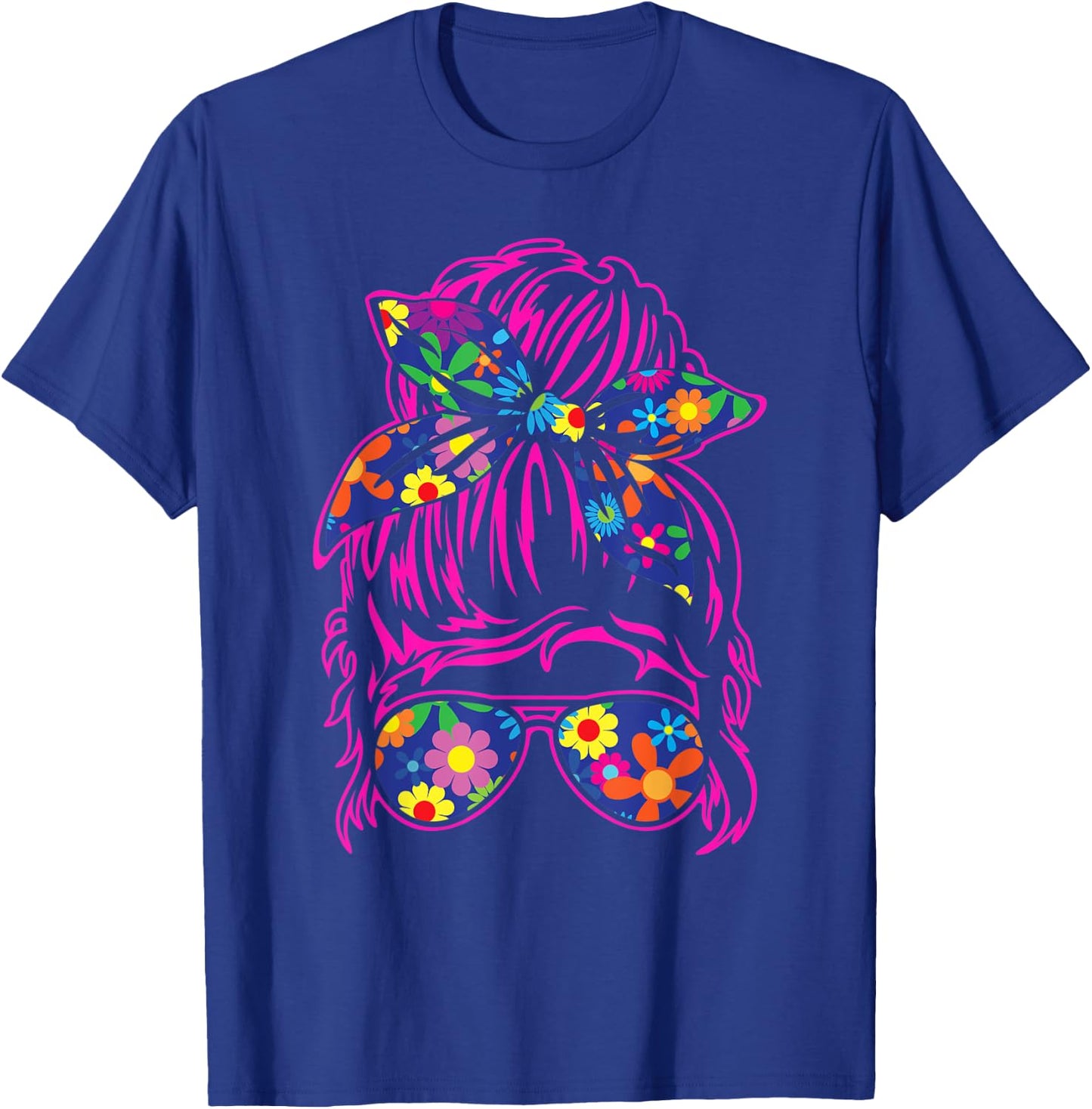 Messy Hair Bun with Bandana Ribbon and Sunglasses Design T-Shirt - T-Shirt | Royal