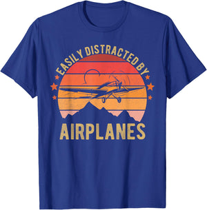 Easily Distracted By Airplanes Lover Pilot Funny Aviation T-Shirt - T-Shirt | Royal