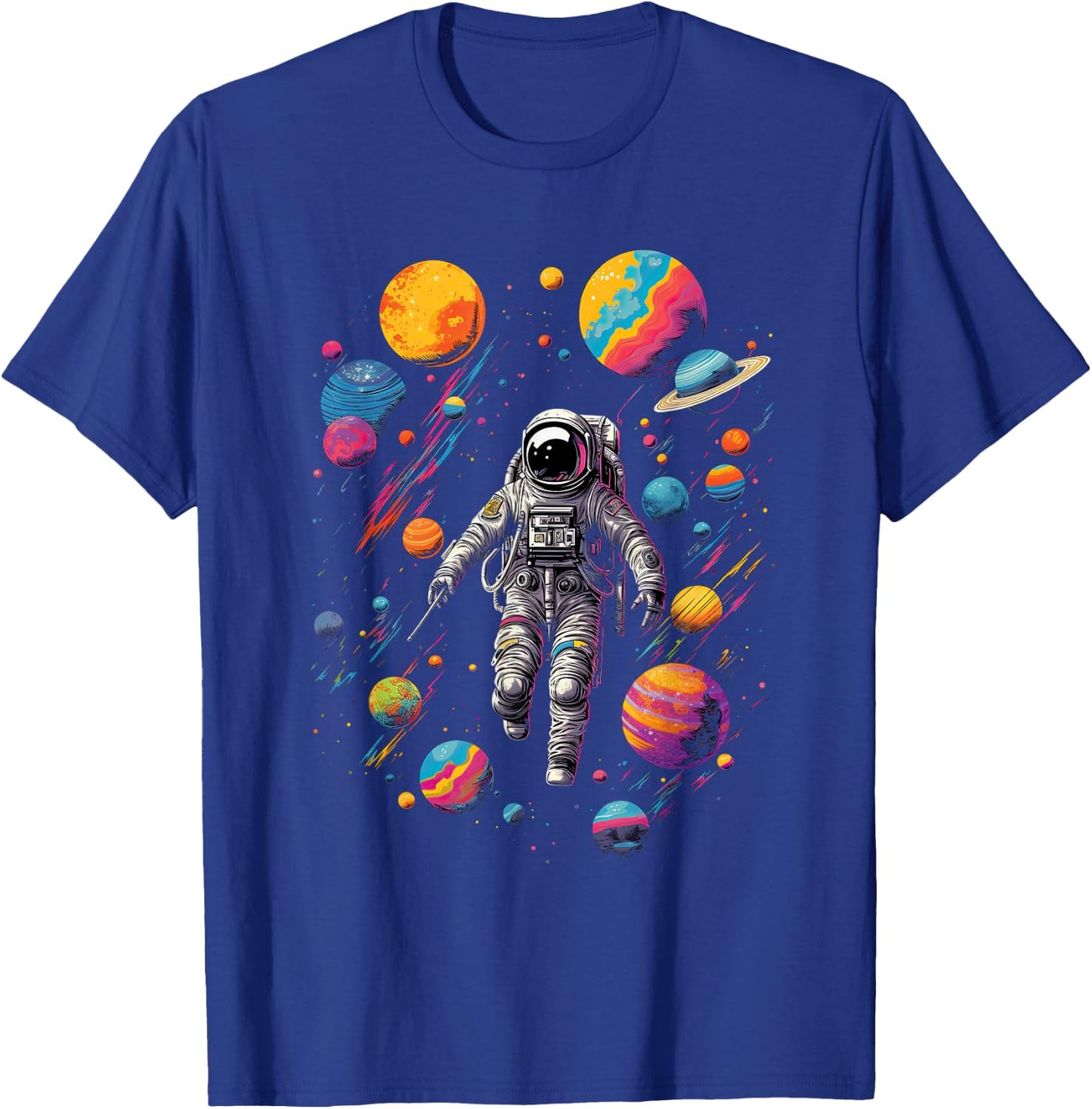 Astronaut in Space with Planets in Galaxies T-Shirt - T-Shirt | Royal
