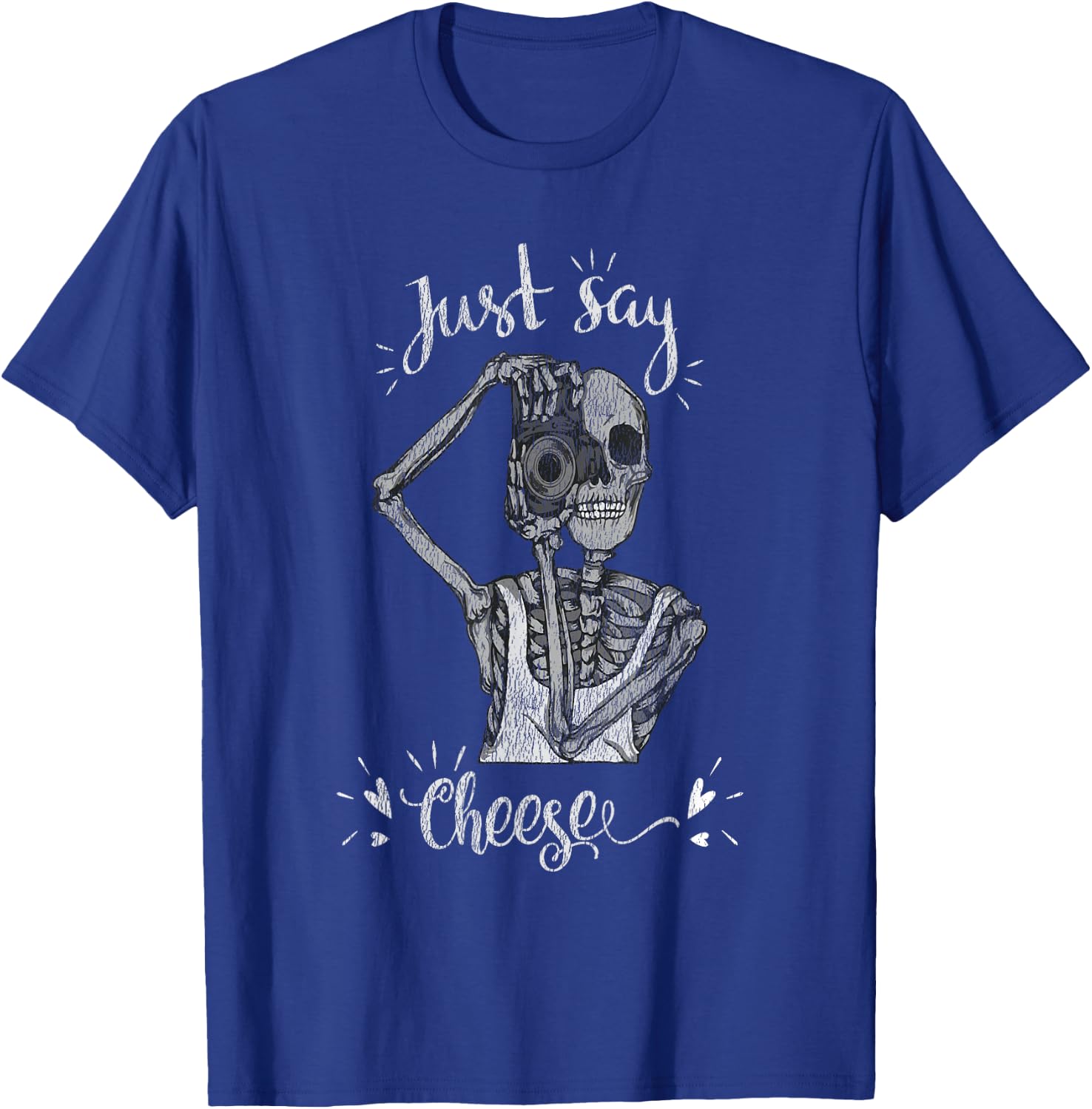 Just Say Cheese Skeleton Photographer Camera Distressed T-Shirt - T-Shirt | Royal