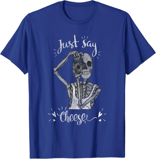 Just Say Cheese Skeleton Photographer Camera Distressed T-Shirt - T-Shirt | Royal
