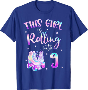 9th Bday Rolling Into 9 Birthday Girl Roller Skate Party T-Shirt - T-Shirt | Royal