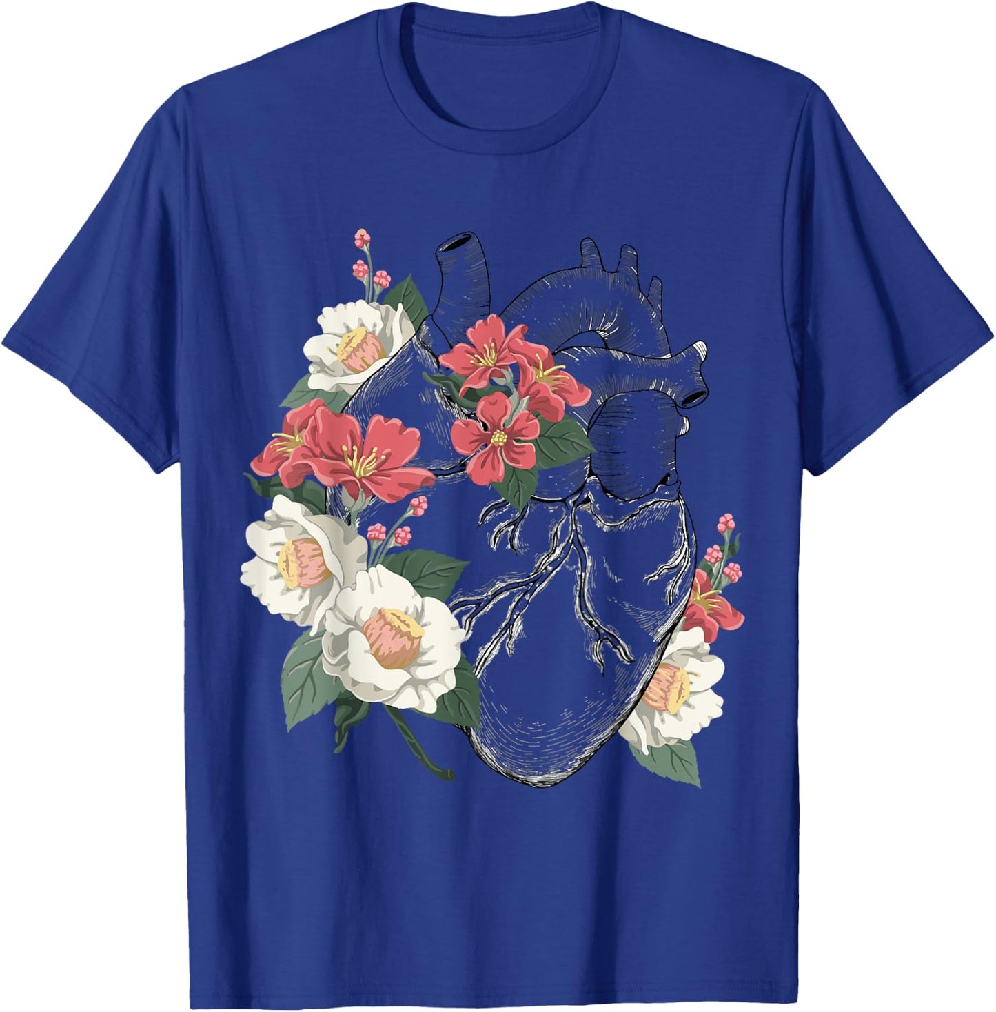 Anatomical Heart and Flowers Anatomy Heart Cute Cardiologist T-Shirt - T-Shirt | Royal
