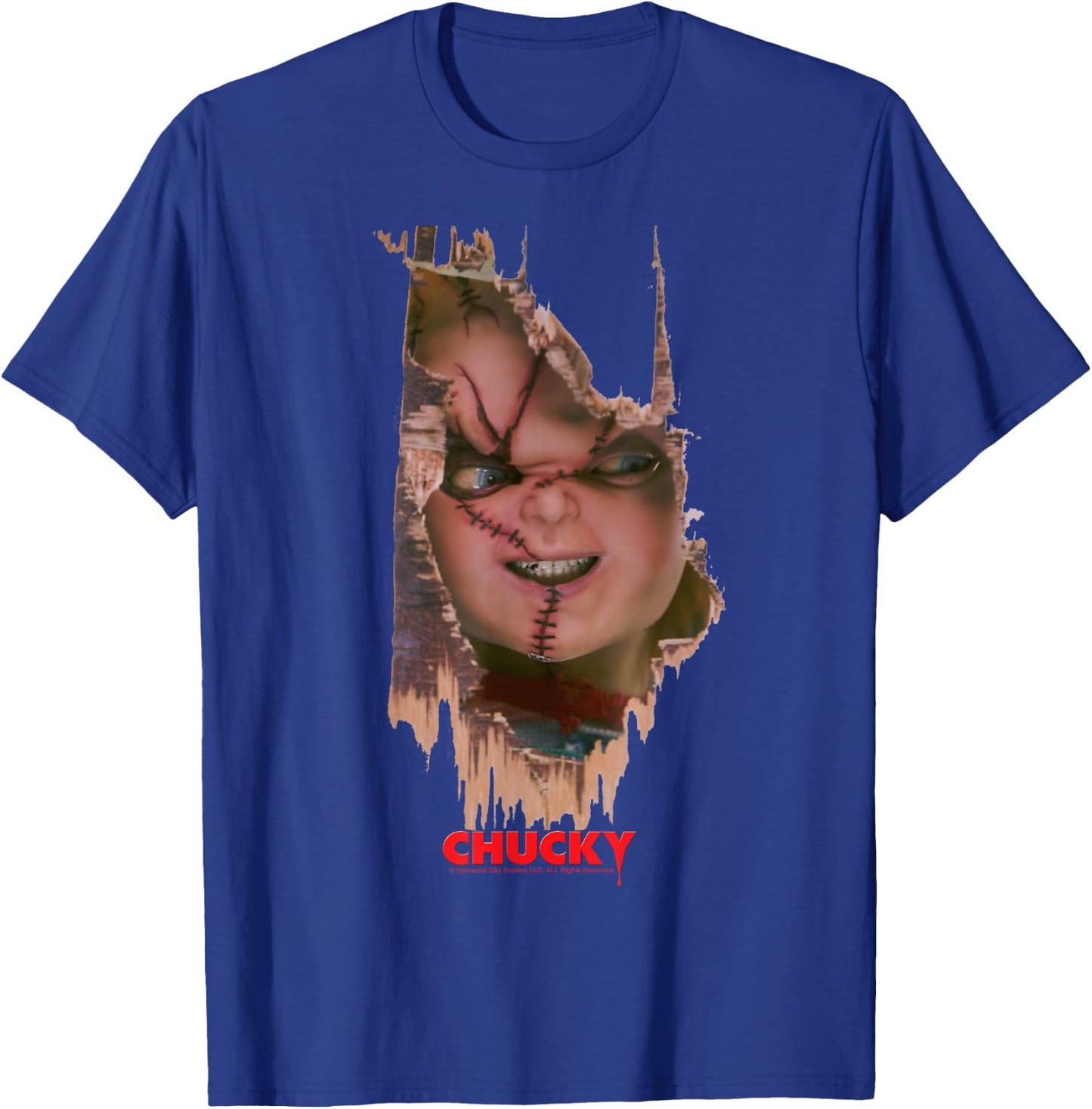 Child's Play Broken Door Here's Chucky Poster T-Shirt - T-Shirt | Royal