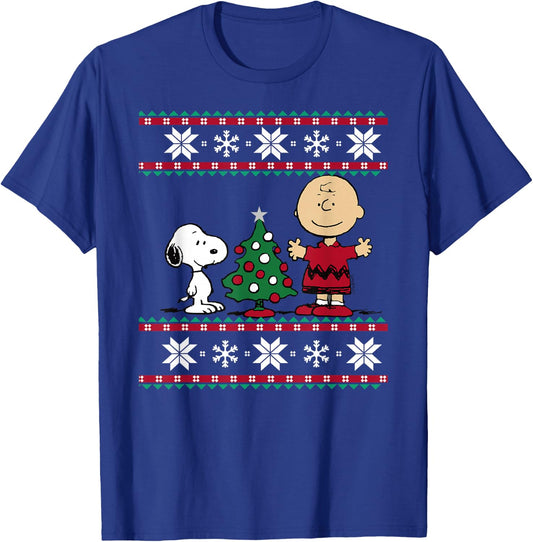 Peanuts Snoopy and Charlie Christmas tree Short Sleeve Blue T-Shirt - T-Shirt | Royal