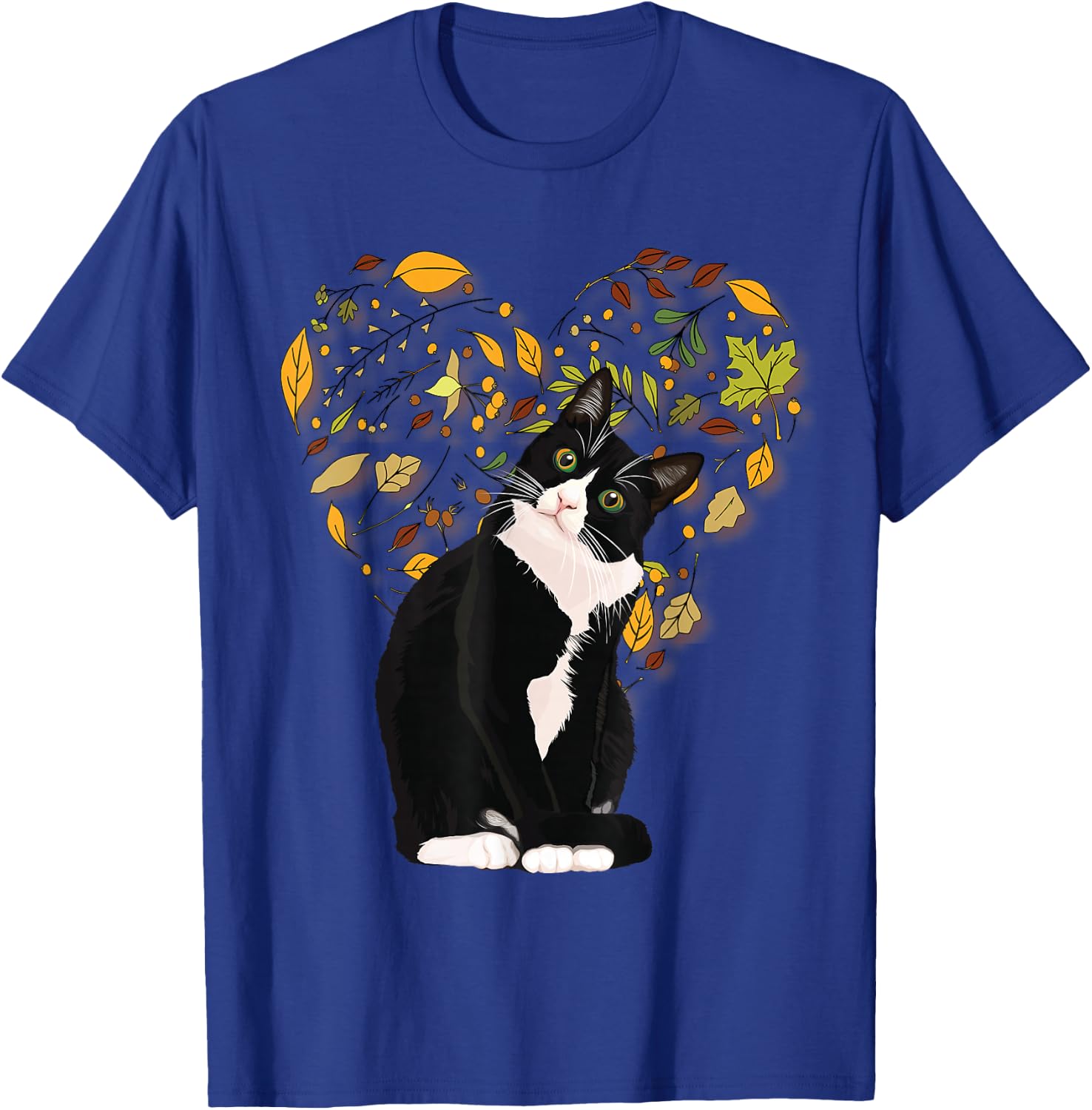 Tuxedo Cat t Shirt Gift Autumn Fall Leaves Black and White T-Shirt - T-Shirt | Royal