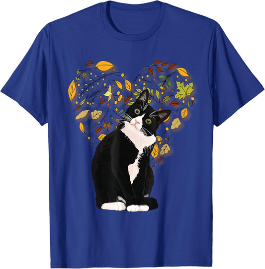 Tuxedo Cat t Shirt Gift Autumn Fall Leaves Black and White T-Shirt - T-Shirt | Royal
