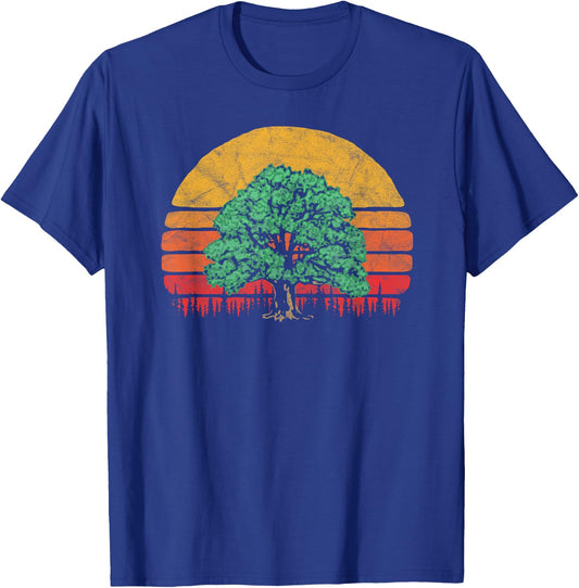 Retro Sun Minimalist Oak Tree Design - Graphic T-Shirt - T-Shirt | Royal
