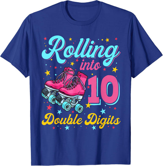 10 Years Old Birthday Girl Rolling Into 10th Double Digits T-Shirt - T-Shirt | Royal