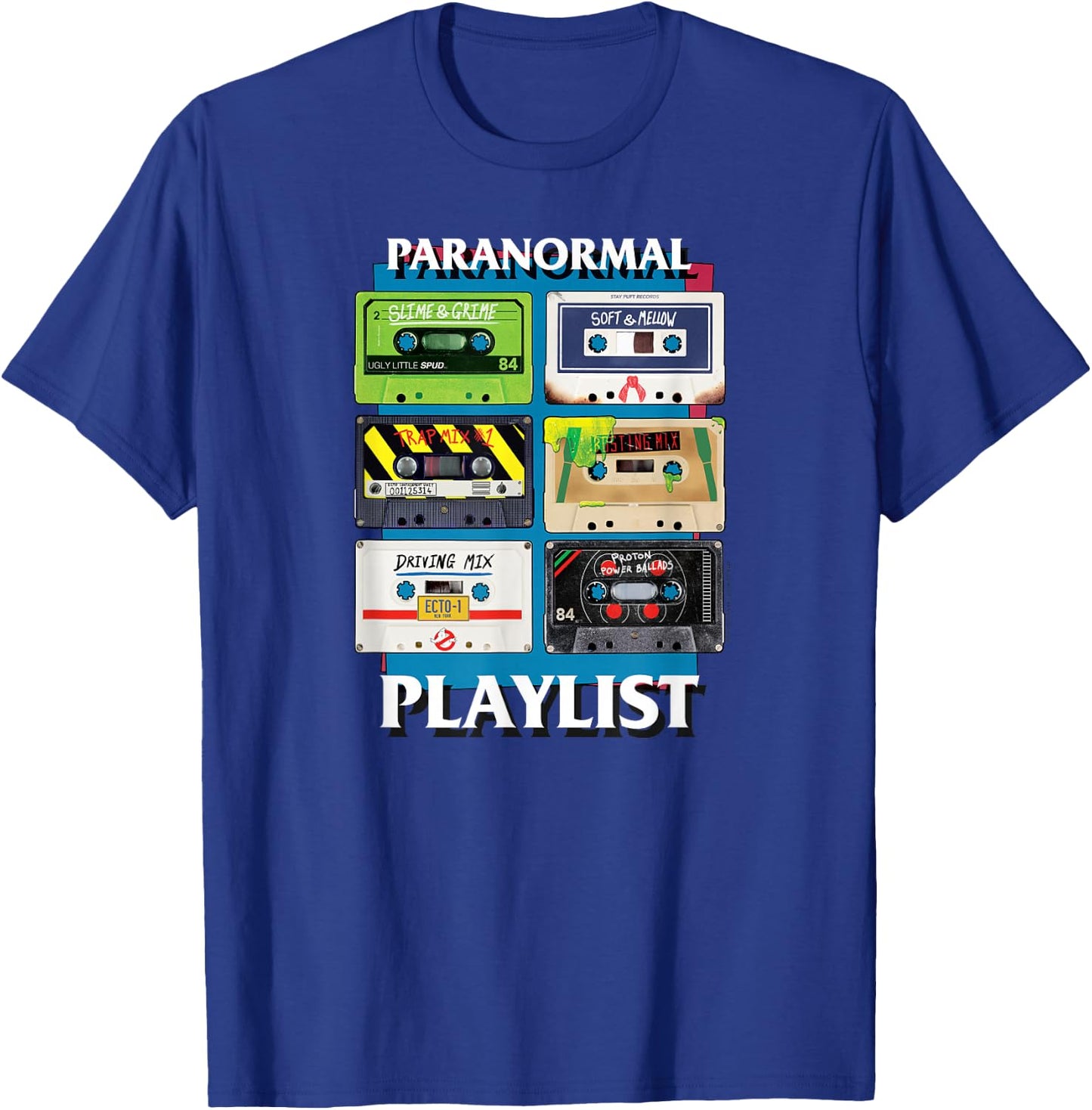 Ghostbusters Paranormal Playlist Cassettes Retro Movie T-Shirt - T-Shirt | Royal