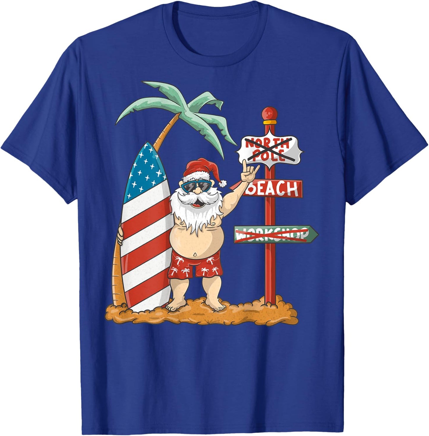 Surfing Santa With USA Patriotic Surfboard Christmas in July Women Kids Men T-Shirt - T-Shirt | Royal