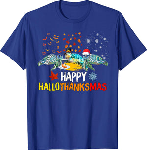 Happy Hallothanksmas Santa Turtle Halloween Thanksgiving T-Shirt - T-Shirt | Royal
