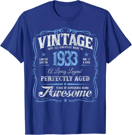 Vintage Classic 92nd Birthday Born In 1933 Original Legend's T-Shirt - T-Shirt | Royal