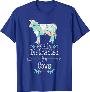 Easily Distracted By Cows Flower CowGirl Farmer Heifer Women T-Shirt - T-Shirt | Royal