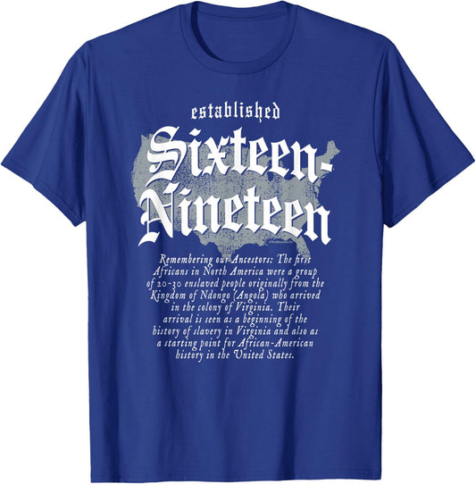 TheBlackest Co. Project Sixteen-Nineteen Established African American Map - -Adults/Kids - Black - Short Sleeve - Classic Fit - Cotton/Polyester - Size S (US) T-Shirt - T-Shirt | Royal