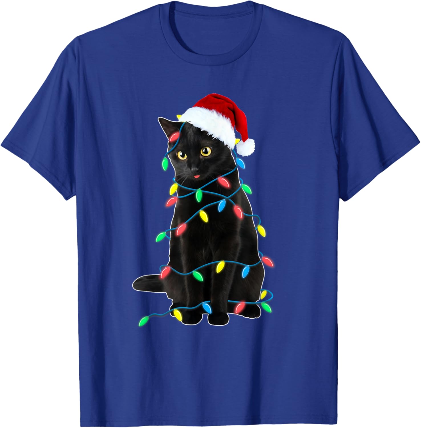 Black Cat Christmas Tree Lights Funny Santa Kitten Led Light T-Shirt - T-Shirt | Royal