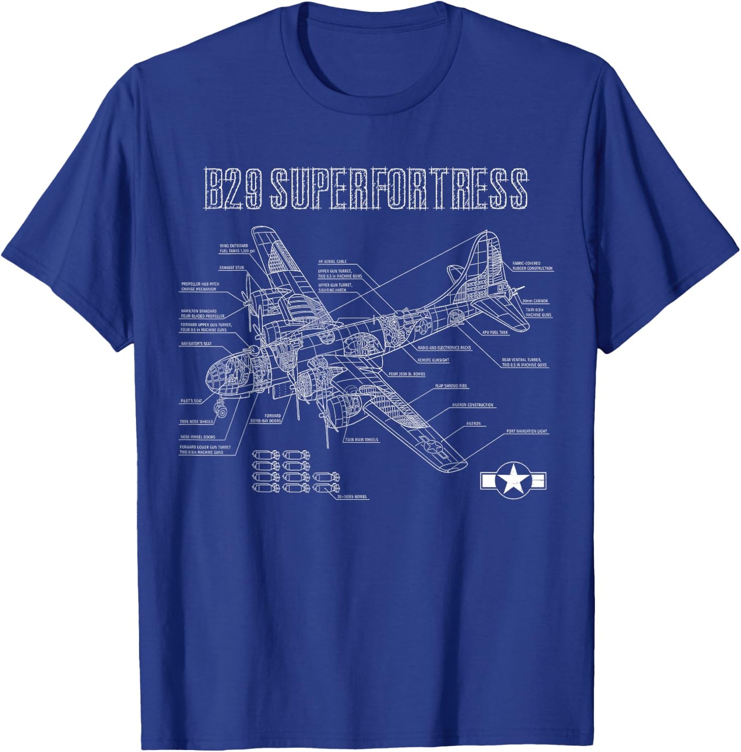 World War 2 Aircraft Blueprint WWII B29 Superfortress Bomber T-Shirt - T-Shirt | Royal