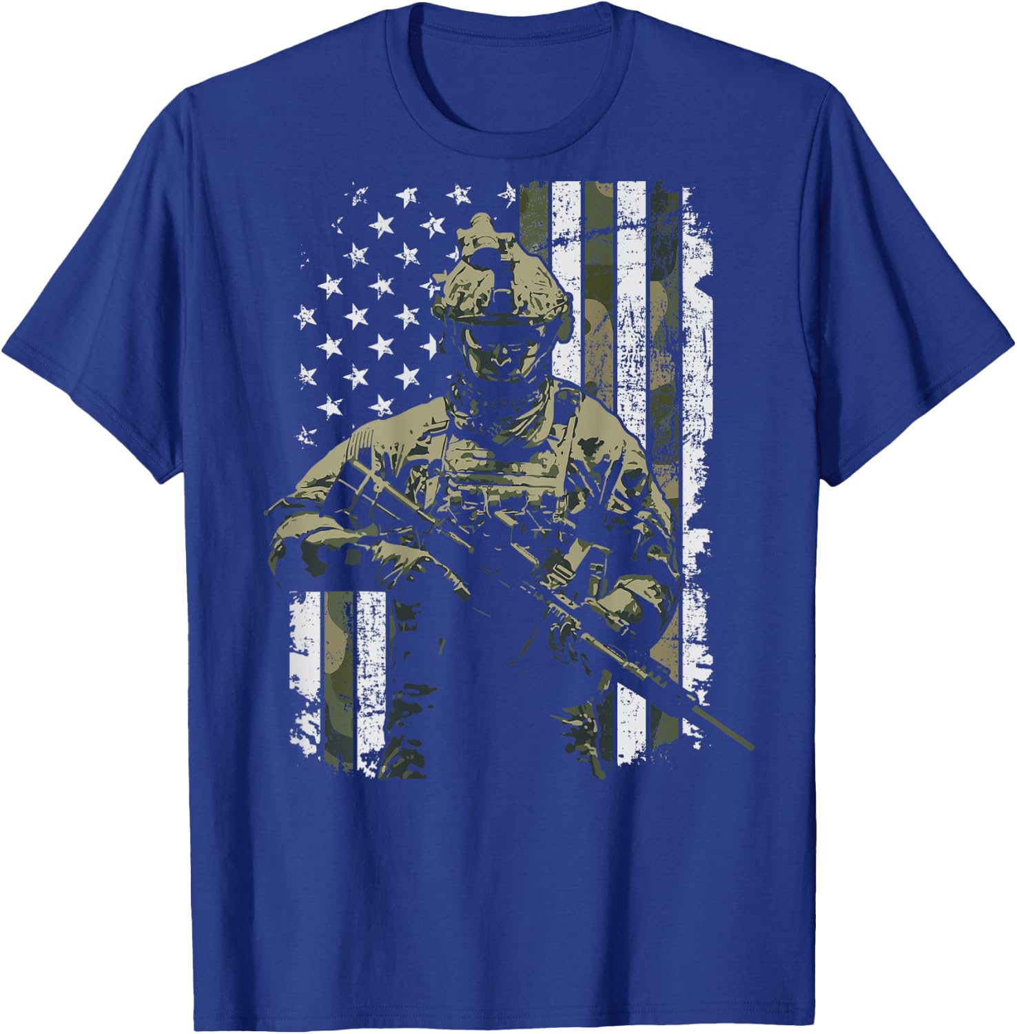 Military Soldier Combat Veteran Camouflage USA Flag -ON BACK T-Shirt - T-Shirt | Royal