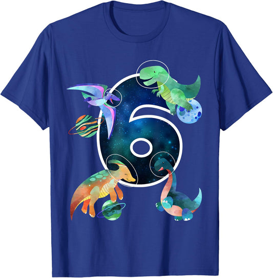Kids Astronaut Outer Space Dinosaurs 6th Birthday Boy Gift T-Shirt - T-Shirt | Royal