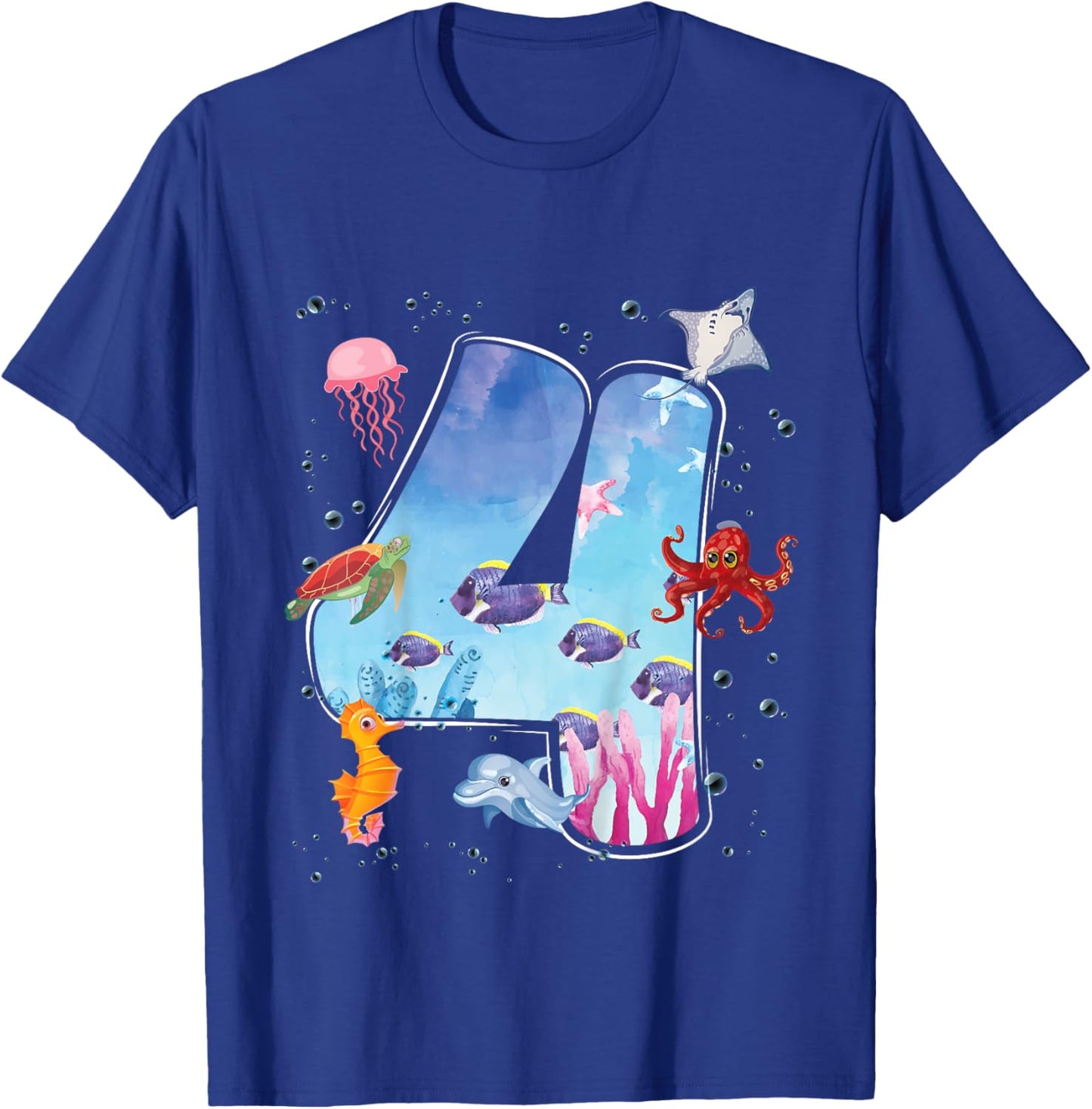 Kids 4th Birthday Party Ocean 4 Year Old Sea Fish Aquarium Boy T-Shirt - T-Shirt | Royal