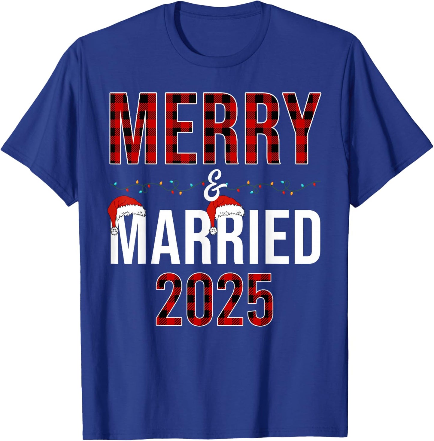 Merry And Married 2025 Red Plaid Christmas Couple Matching T-Shirt - T-Shirt | Royal
