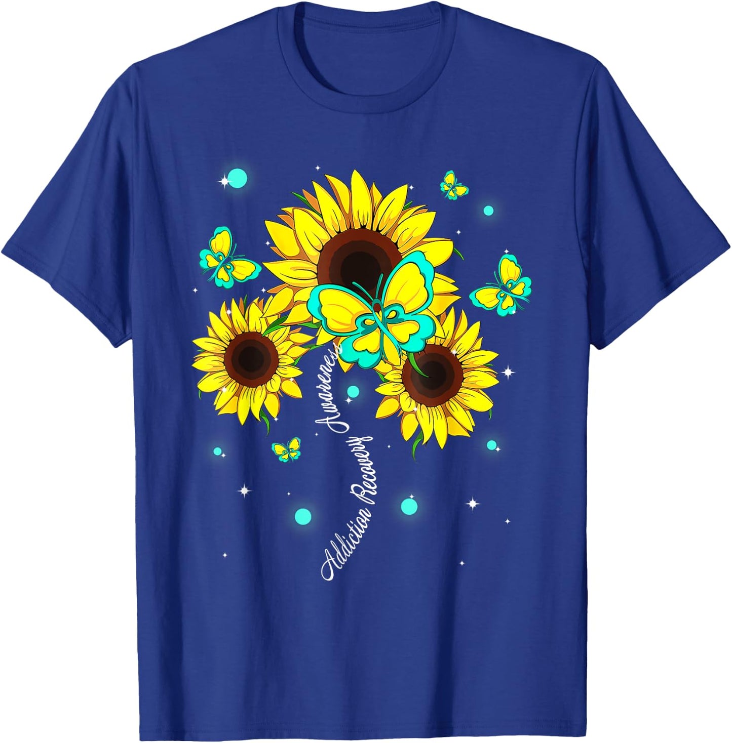 Addiction Recovery Awareness Sunflower Butterfly Ribbon T-Shirt - T-Shirt | Royal