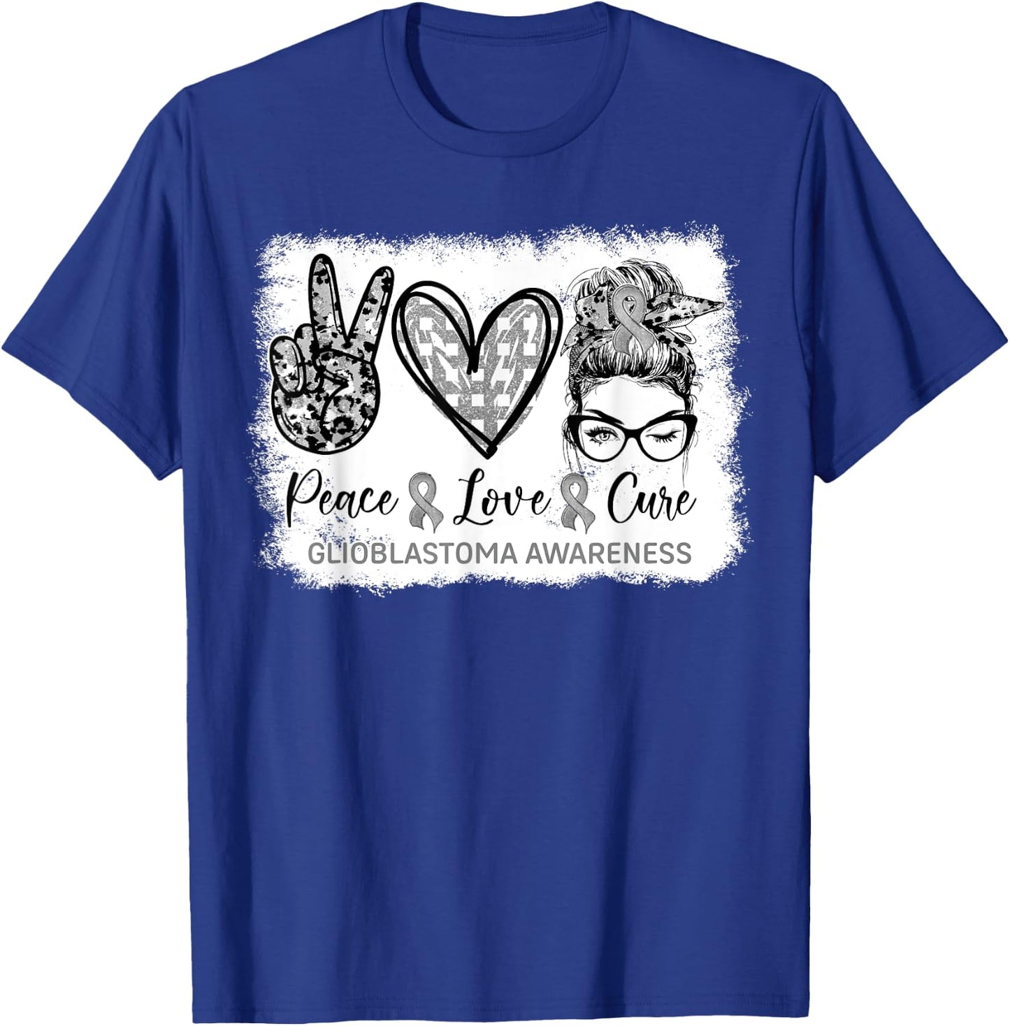 Messy Bun Peace Love Cure Gray Ribbon Glioblastoma Awareness T-Shirt - T-Shirt | Royal