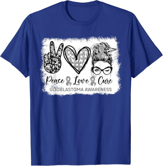 Messy Bun Peace Love Cure Gray Ribbon Glioblastoma Awareness T-Shirt - T-Shirt | Royal