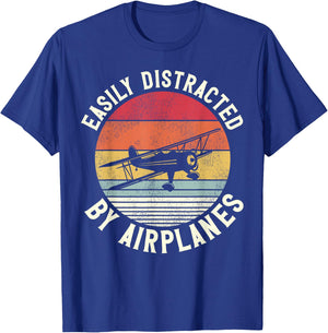 Airplane Pilot Vintage Biplane Easily Distracted By T-Shirt - T-Shirt | Royal