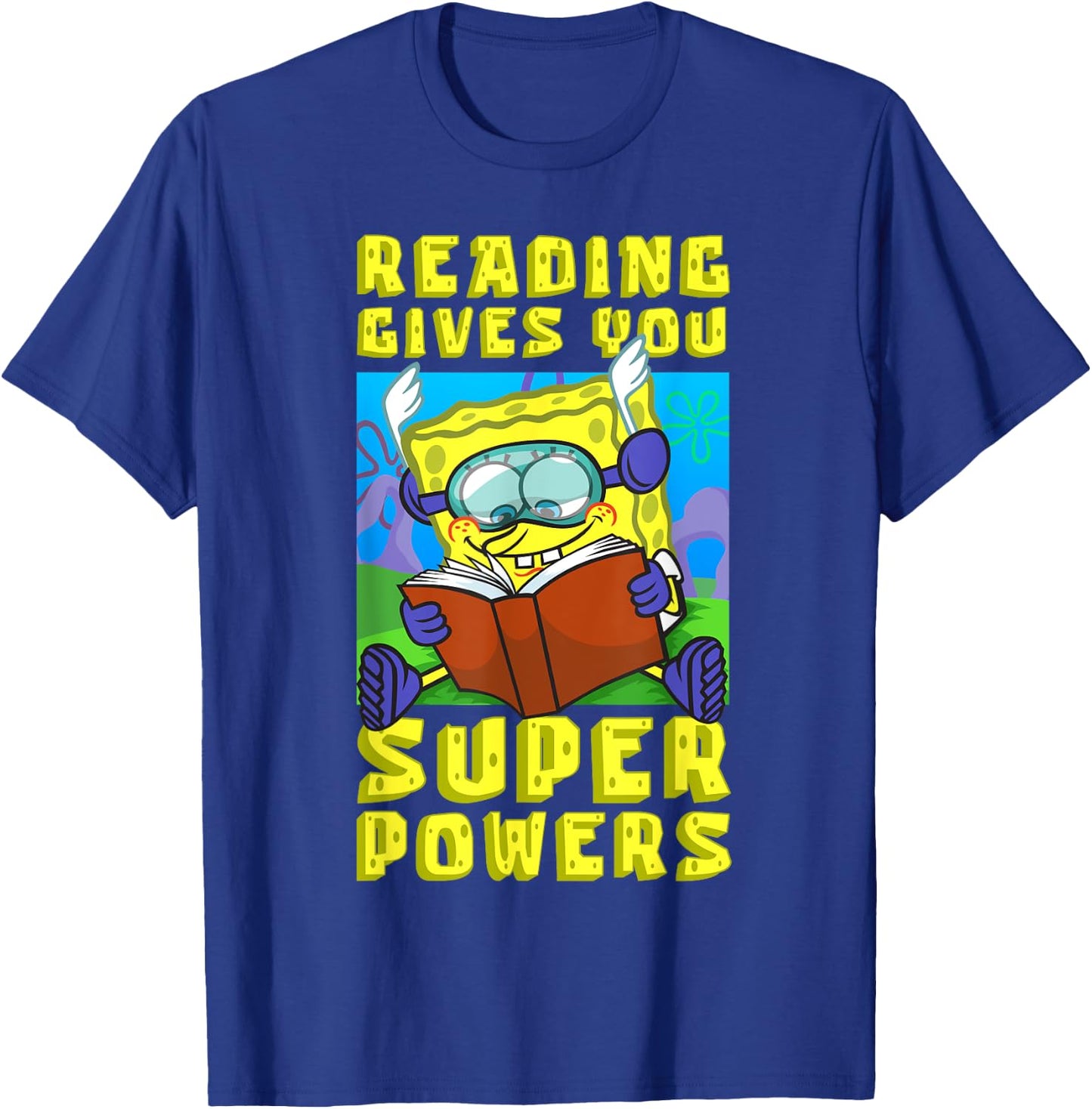 Mademark x SpongeBob SquarePants - SpongeBob Reading Gives You Super Powers Book Stories Reader T-Shirt - T-Shirt | Royal