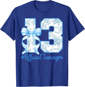Official Teenager 13th Birthday Girl Bow Blue Floral Pattern T-Shirt - T-Shirt | Royal