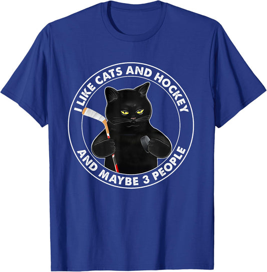 I Like Cats and Hockey and Maybe 3 People Funny Black Cats T-Shirt - T-Shirt | Royal