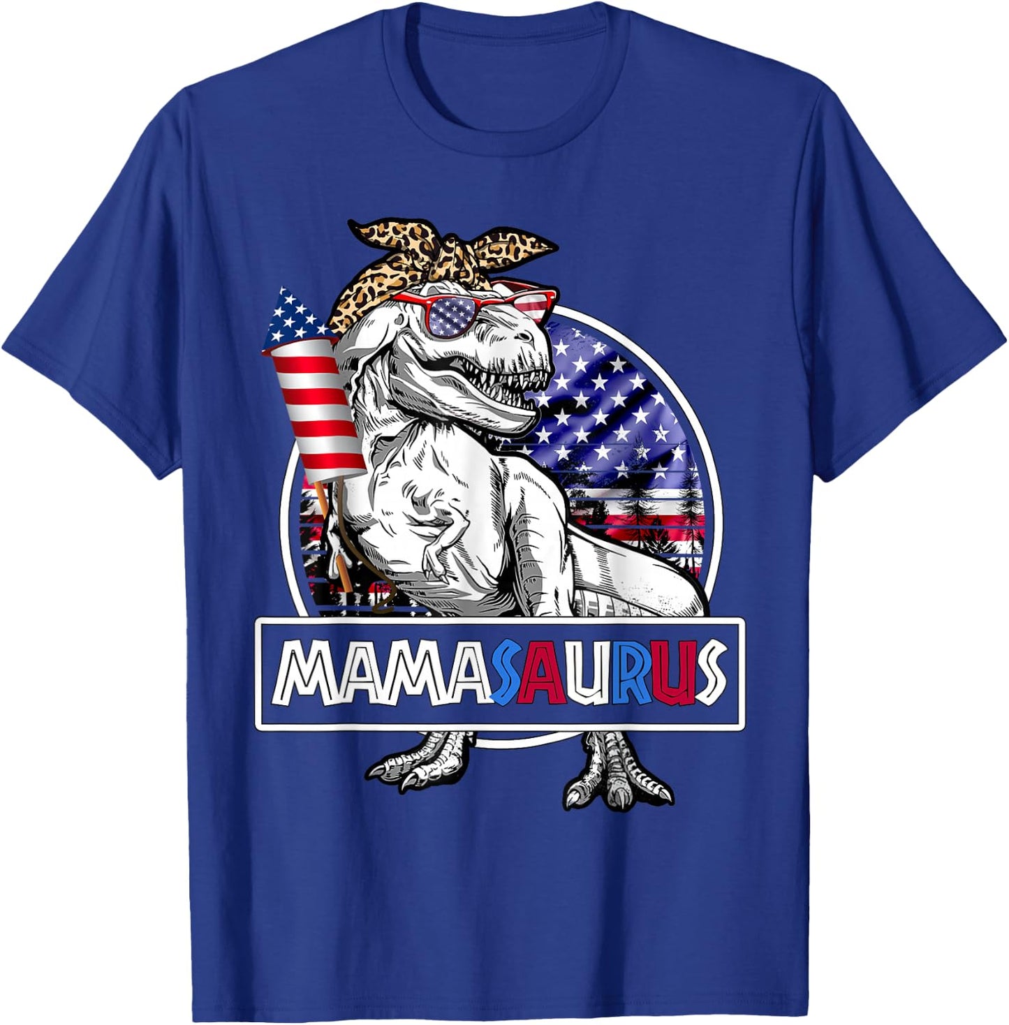 Mamasaurus T Rex Dinosaur Mama Saurus USA Flag 4th Of July T-Shirt - T-Shirt | Royal