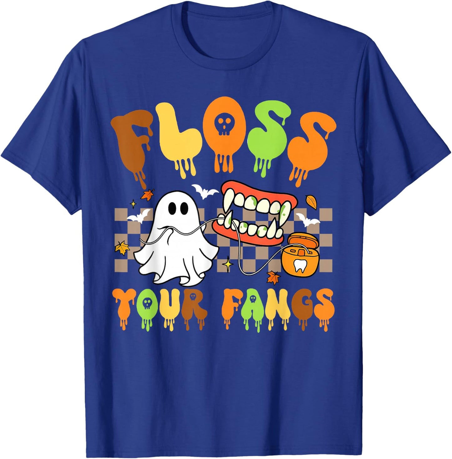 Retro Funny Teeth Floss Your Fangs Dentist Dental Halloween T-Shirt - T-Shirt | Royal