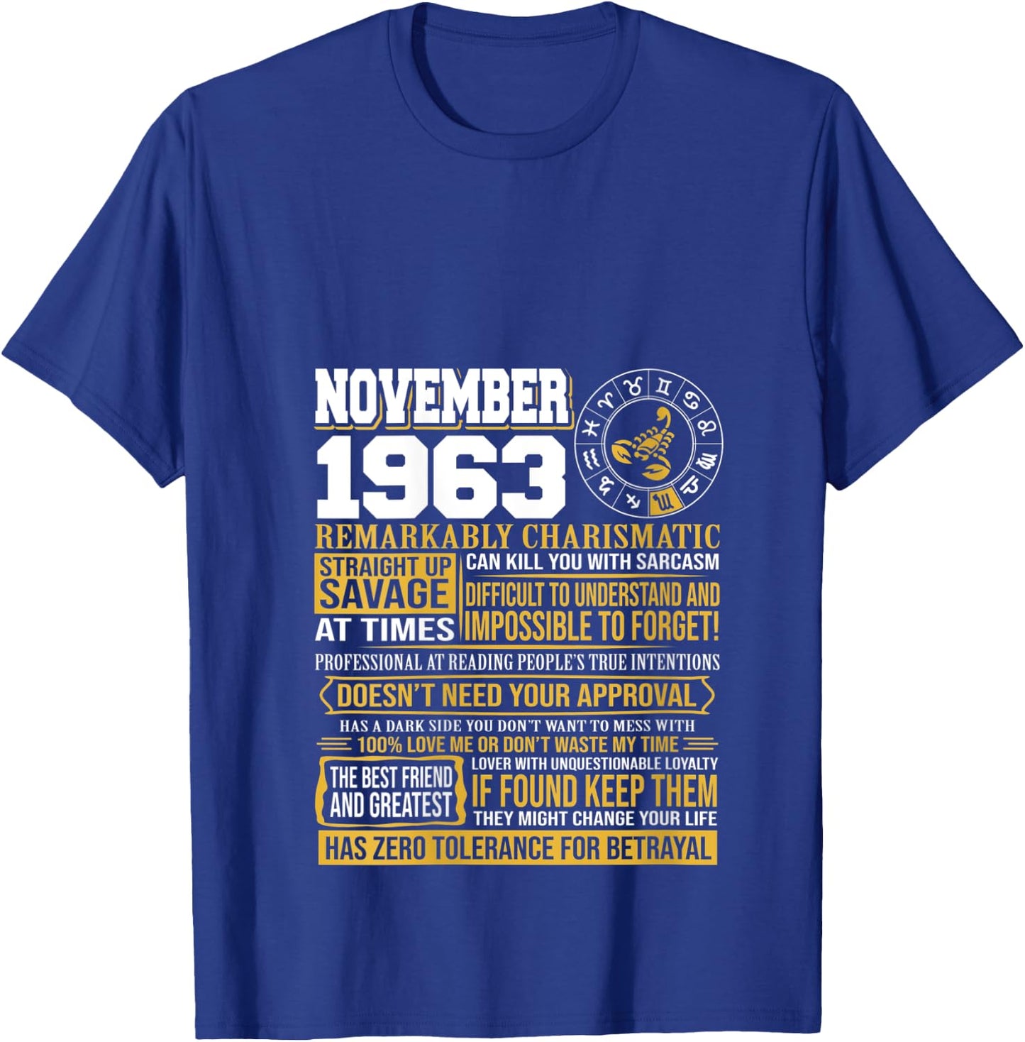 November Birthday Gifts - Born November Scorpio 1963 Funny V-Neck T-Shirt - T-Shirt | Royal